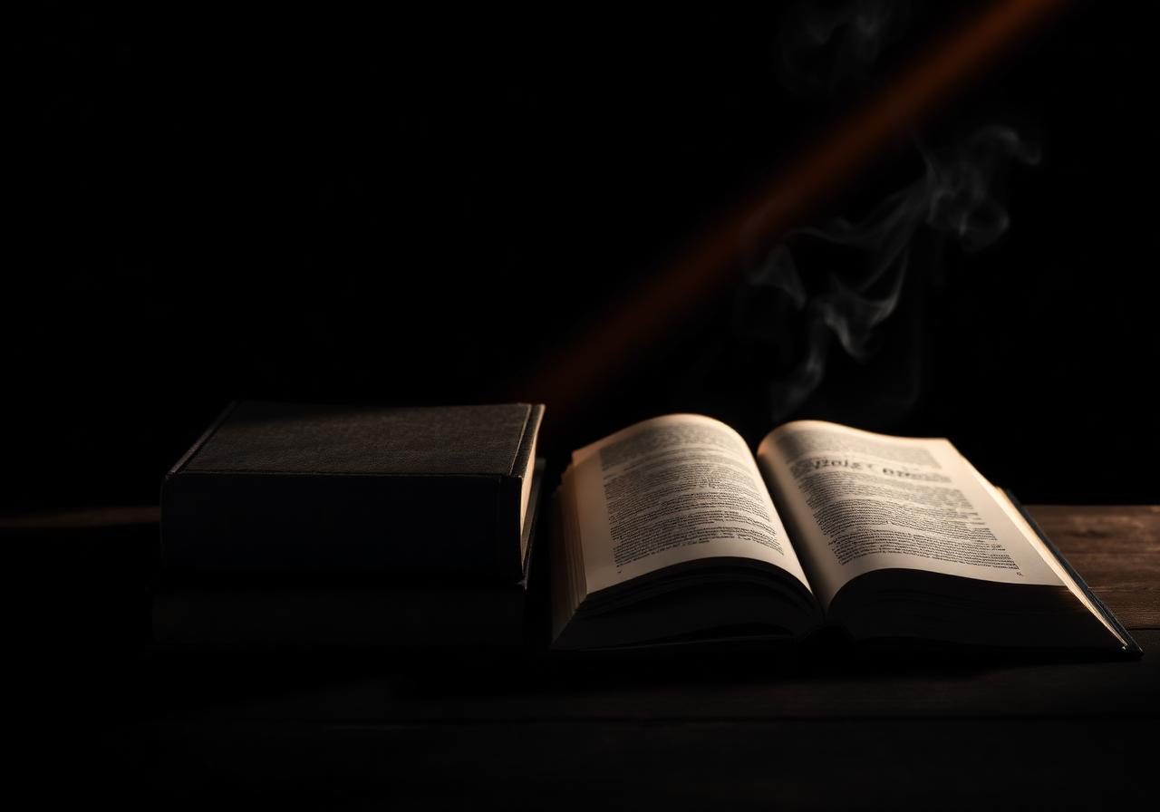 Open book lit by warm light in dark room